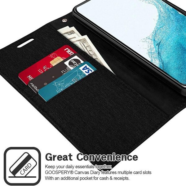 Goospery Canvas Samsung Galaxy S22 Wallet Leather Case Denim Stand Flip Fabric Pouch Credit Card Slots Cover - Black Goospery Canvas Samsung Galaxy S22 Wallet Leather Case Denim Stand Flip Fabric Pouch Credit Card Slots Cover - Black